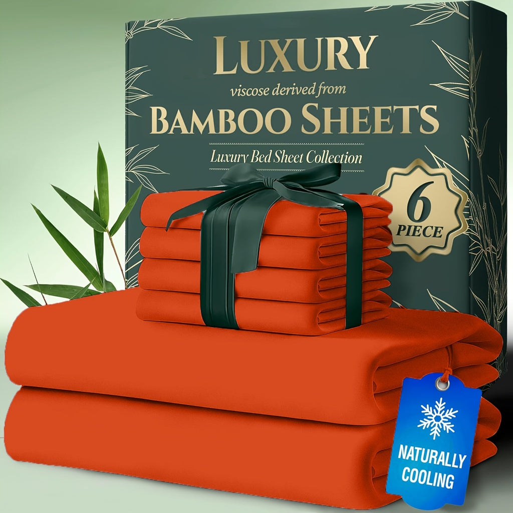 Cooling Bamboo Bed Sheet Set 6pcs Ultra Soft Deep Pocket 17 Inch Double Stitching Breathable Sheets for Hot Sleepers Twin Full Queen King