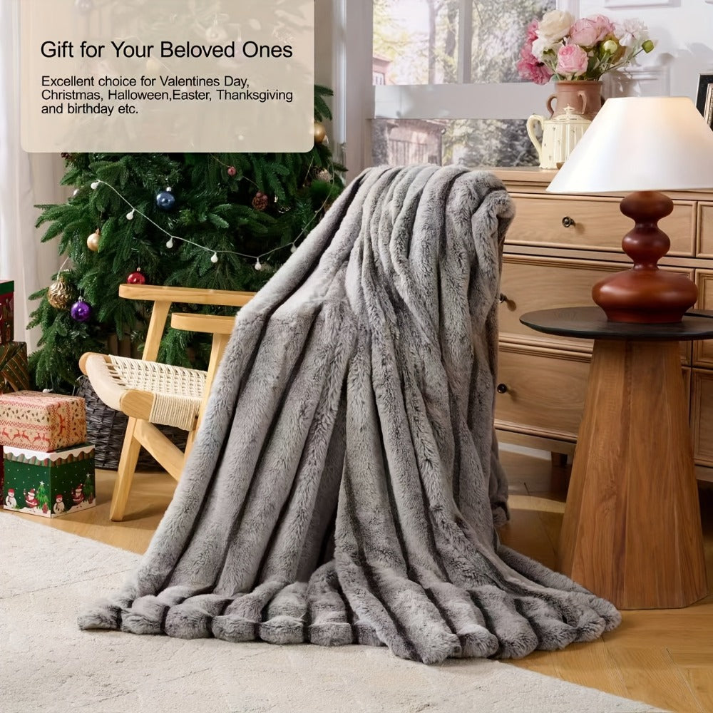 Double-Layer Faux Rabbit Fleece Blanket ¨C 450-500gsm Thickened Soft Warm Throw for Bed, Couch & Travel, All Season, 3 Colors, 5 Sizes