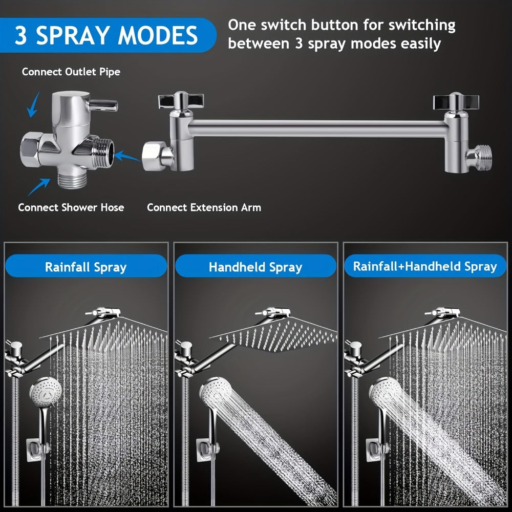 Rain Shower Head with Handheld Spray Combo 8 10 12 Inch High Pressure Rainfall Showerhead Adjustable Arm Wall Mount Chrome Black Bathroom