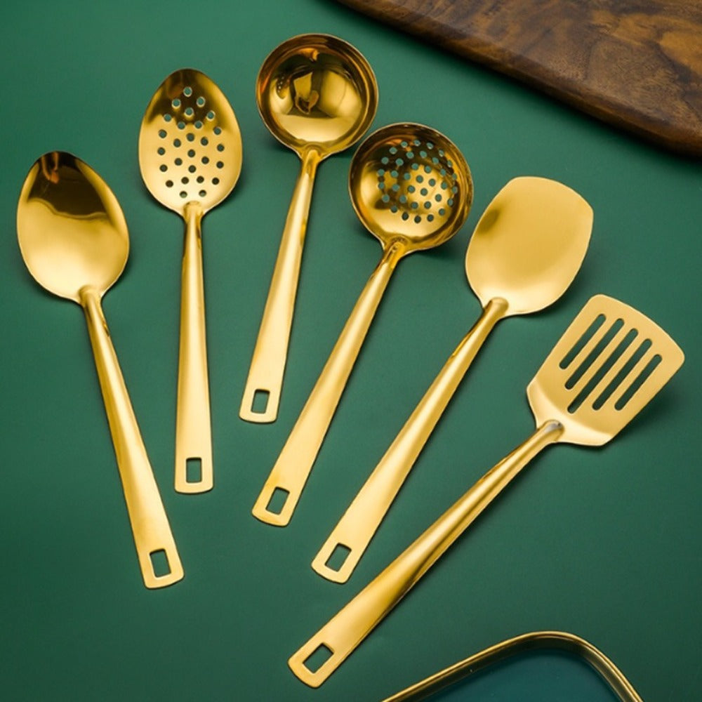 6 Piece Korean Style Stainless Steel Kitchen Utensil Set Cooking Spoons Spatula Ladle Strainer Hot Pot Clips for Cooking Buffet Restaurant