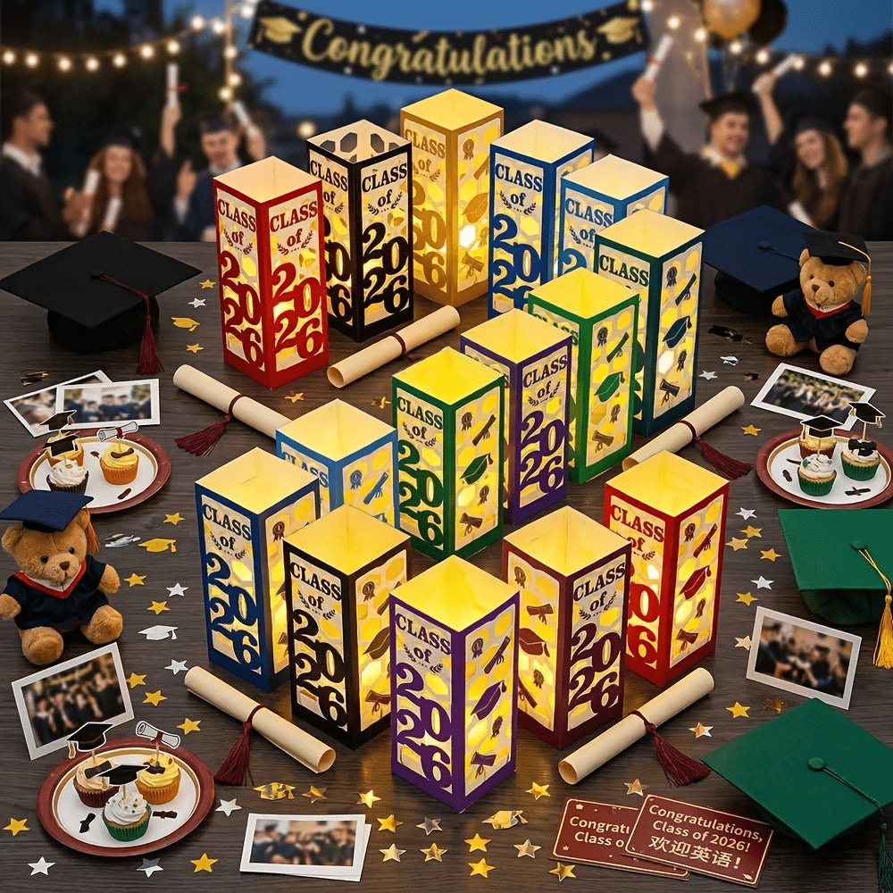 Graduation Centerpiece Set 6pcs Class of 2026 ¨C Decorative Lantern Box Table Decorations for High School & College Graduation Party, Photo Booth Props, Party Kit in Red Blue Green Purple Maroon