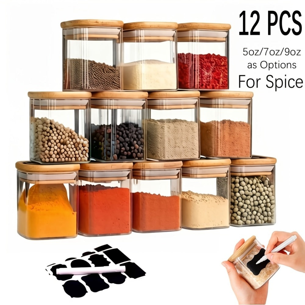 Spice Glass Jars Set with Labels 12pcs, Square Glass Spice Jars with Bamboo Lids, Sticker Labels, 5oz 7oz 9oz Food Storage Containers