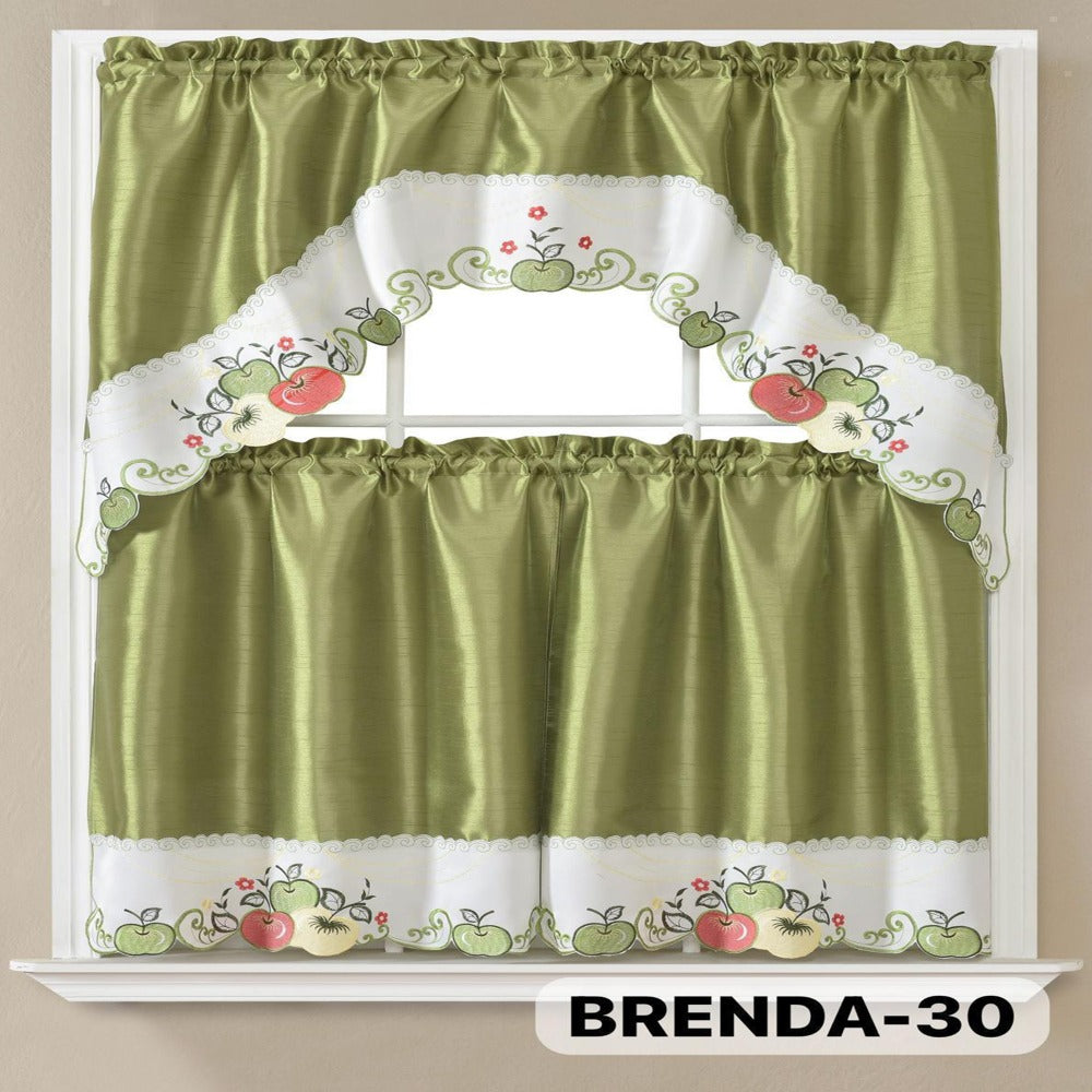 Kitchen Curtains 3 Piece Set Embroidered Satin Valance and Tiers - Rod Pocket Light Filtering Machine Washable 46 Colors Available All Season Home Decor