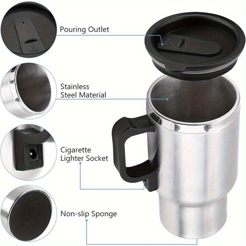 Car Electric Kettle 12V ¨C Stainless Steel Travel Heating Cup with Auto Shut-Off, 450ml & 500ml Portable In-Car Water Heater for Hot Water, Tea & Coffee ¨C Cigarette Lighter Powered Road Trip Essential