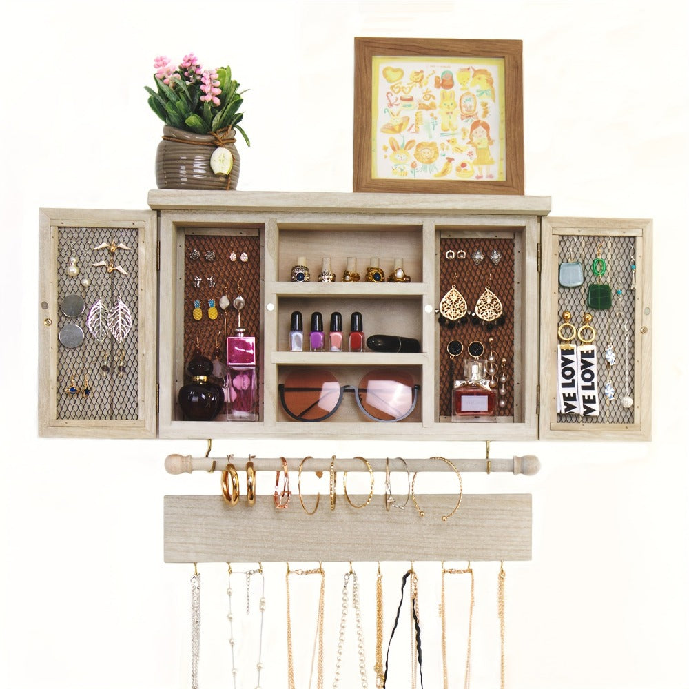 Wall-Mounted Wood Jewelry Organizer ¨C Rustic Hanging Display Shelf with Removable Bracelet Rod & Hooks for Necklaces, Rings & Bracelets, Space-Saving Dressing Room Decor
