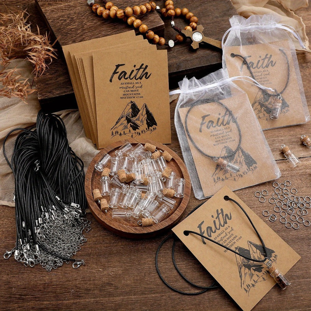 Mustard Seed Faith Necklace Kit 50 Sets - DIY Mini Glass Jar Craft Necklace with Christian Faith Cards, Inspirational Gifts for Women