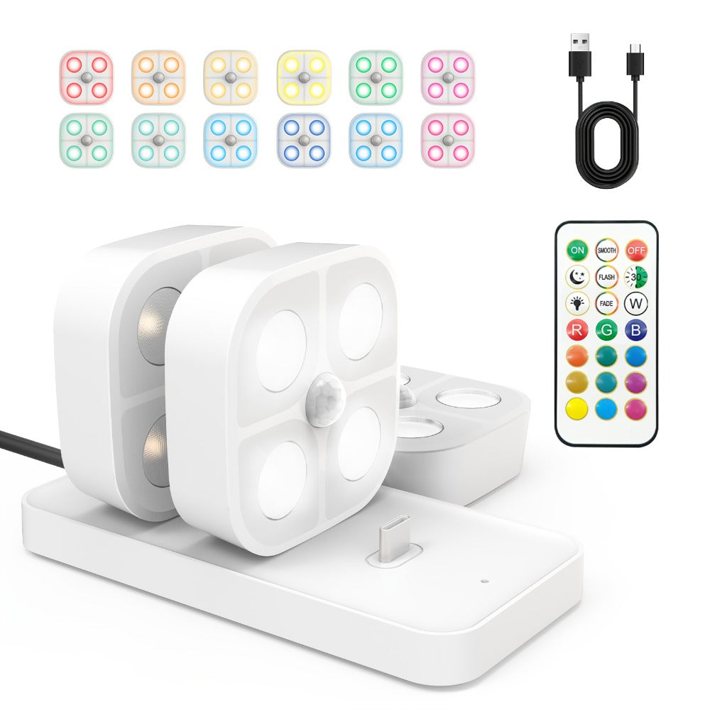 Puck Lights Rechargeable RGB with Charging Station - Motion Sensor Under Cabinet Lighting, Wireless LED Closet Lights with Remote Control, Color Changing Night Light for Hallway Stairway Bathroom Bedroom Kitchen, 3/4/6 Pack
