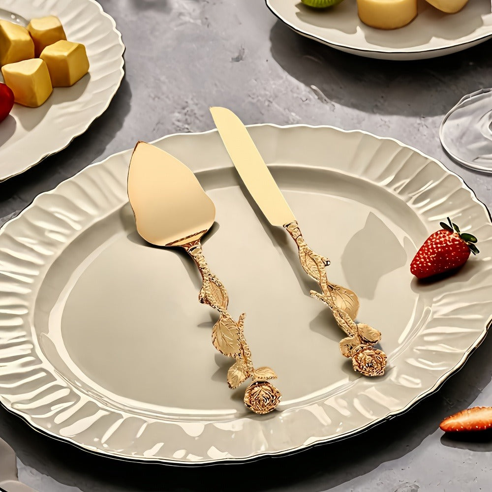 Cake Knife and Spatula Set with Rose Handle ¨C Silver-Plated Dessert Server Gift Box Set for Wedding, Birthday & Party