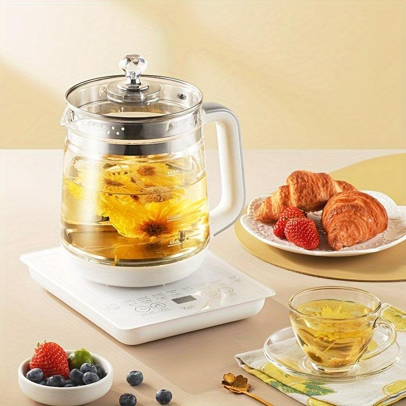 Multifunctional Electric Kettle 1.8L ¨C Thick Glass Health Kettle with 18 Smart Functions, Boil Water, Make Coffee, Cook Porridge & Steam Eggs, Removable Filter, Tea Set Included, US Plug ¨C White