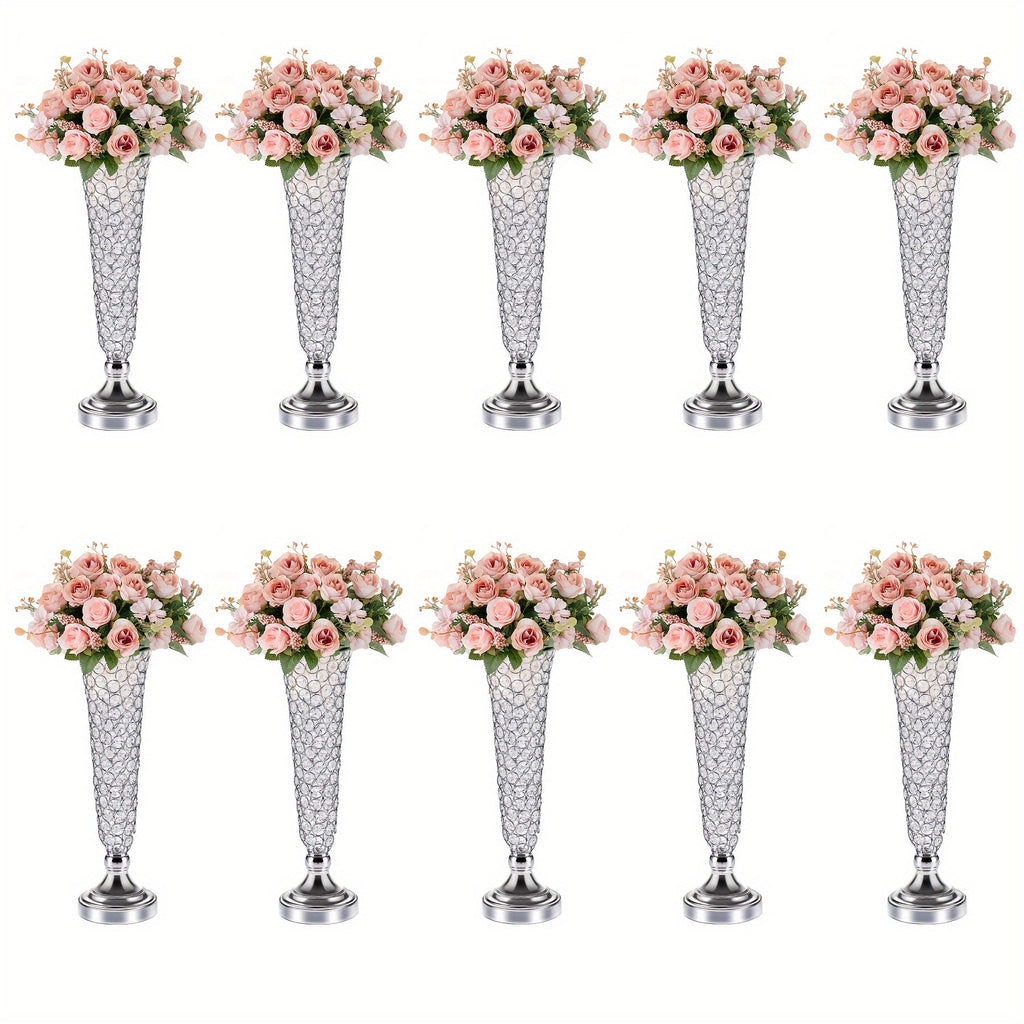 Crystal Trumpet Flower Vase Centerpieces for Wedding Table ¨C Bling Wrought Crystal Vases for Party, Anniversary, Birthday, Banquet & Home Decor, Gold & Silver, 2pcs or 10pcs Set