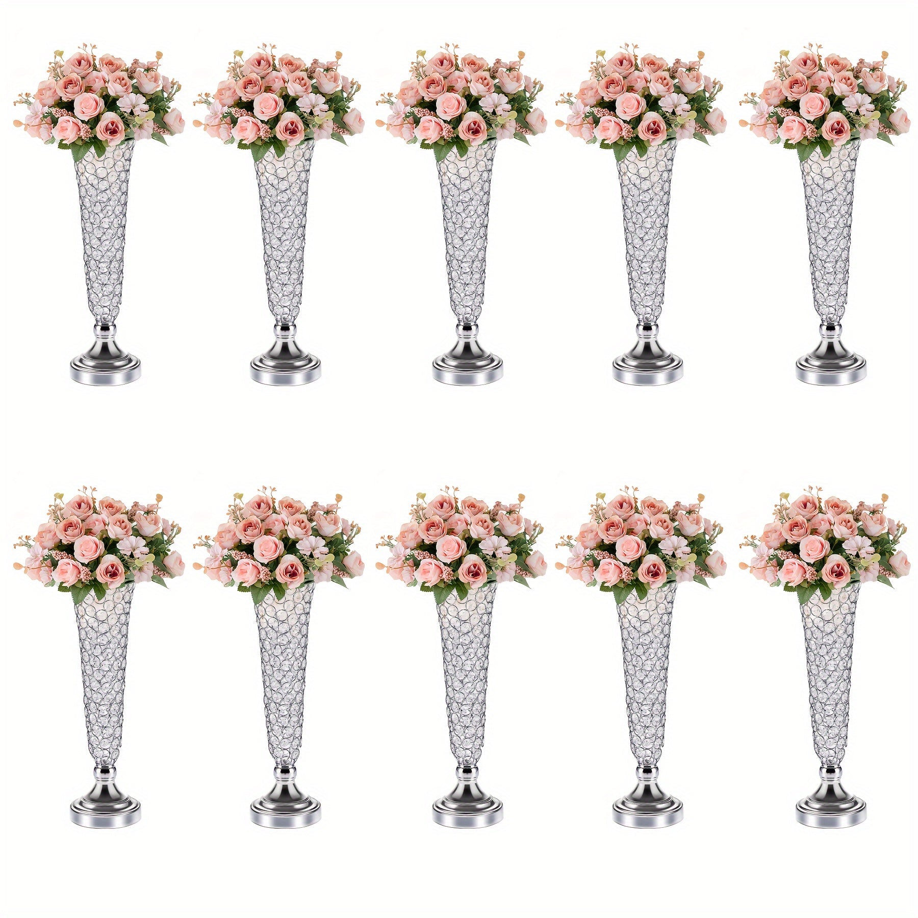 Crystal Trumpet Flower Vase Centerpieces for Wedding Table ¨C Bling Wrought Crystal Vases for Party, Anniversary, Birthday, Banquet & Home Decor, Gold & Silver, 2pcs or 10pcs Set