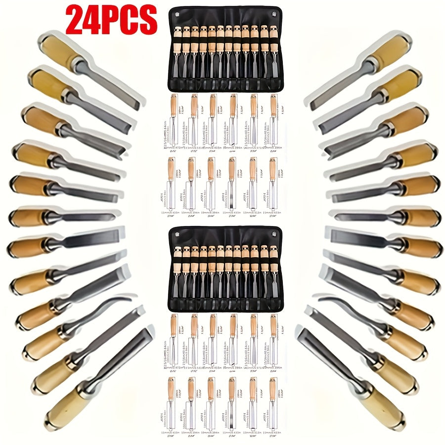Wood Carving Chisel Set 12 & 24-Piece ¨C Professional Beech Wood Handle Woodworking Chisels, Detail Carving Hand Tools for Beginners & Experts, Ideal Woodworker Gift