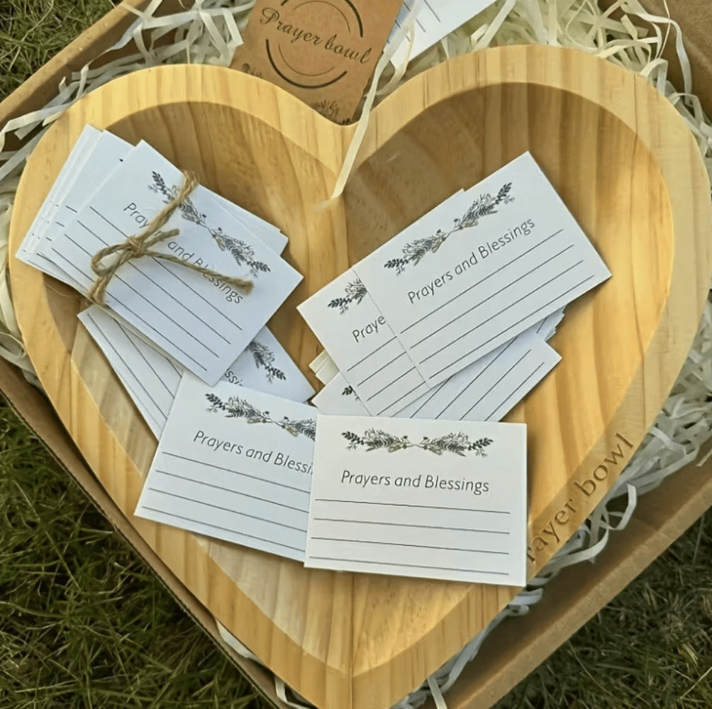 Wooden Prayer Bowl with 24 Prayer Cards ¨C Hand-Carved Heart Shaped Cross Engraved Vintage Religious Gift Set for Easter, Christmas, Thanksgiving, Home Altar & Prayer Room Tabletop Decor