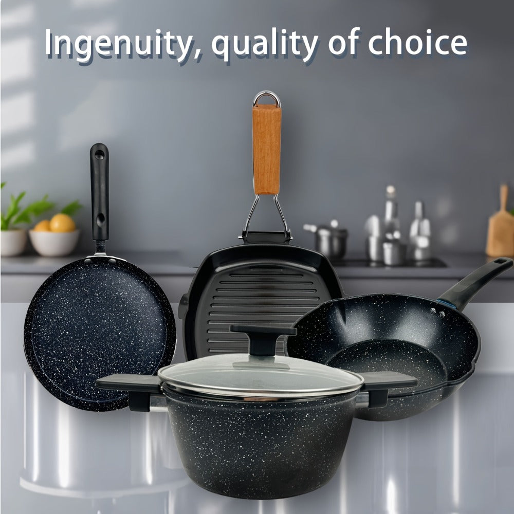 Non-Stick Cookware Set 4pcs Aluminum Frying Pan Kitchen Cooking Set Even Heat Distribution Easy Clean for Sauteing Searing Frying Everyday Home Cooking Black