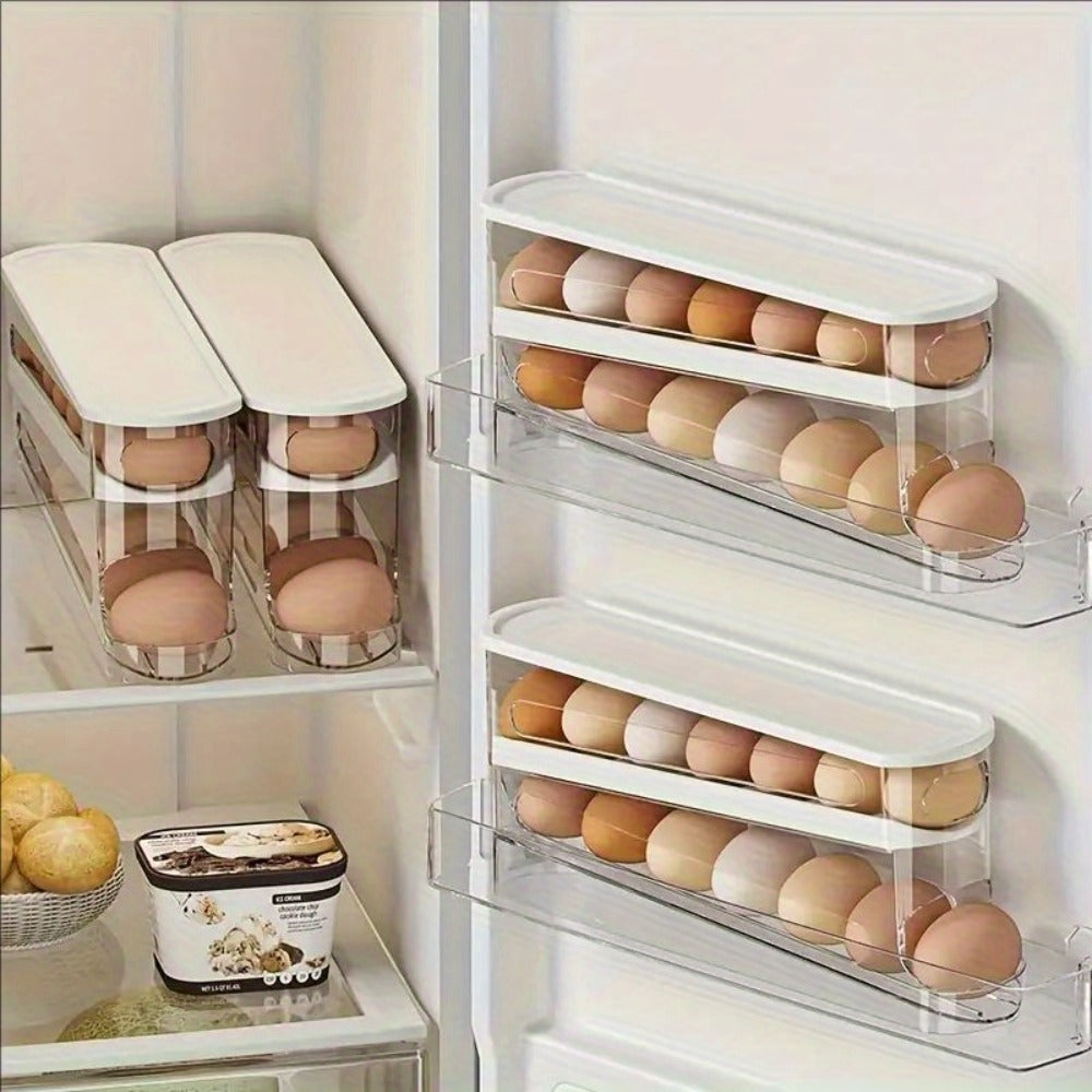 Double Layer Rolling Egg Dispenser Automatic Space Saving Refrigerator Egg Organizer for Cabinet Kitchen Storage Keeps Eggs Fresh White
