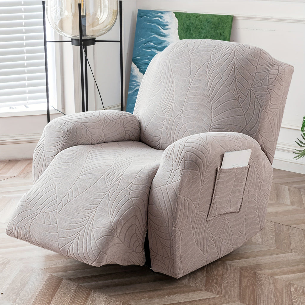 Recliner Chair Cover Slipcover 4-Piece Set ¨C Leaf Jacquard Stretch Furniture Protector with Storage Pocket, Non-Slip Recliner Sofa Cover for Living Room, Machine Washable, 6 Colors Available