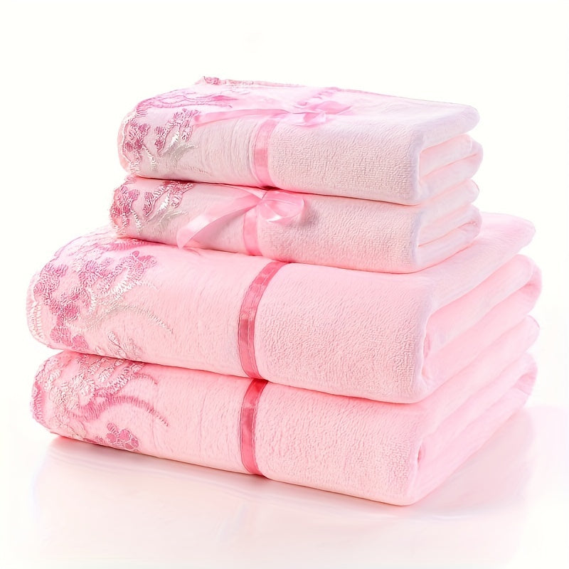 Lace Embroidery Towel Set 4-Piece 350GSM Soft Absorbent Bath and Hand Towels for Bathroom Elegant Decorative Towel Set