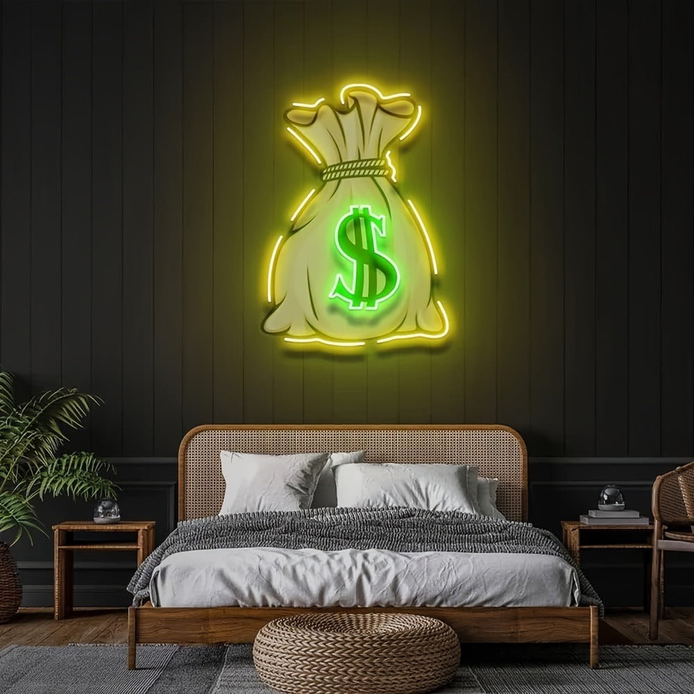 Neon Sign Money Bag LED Wall Light USB Powered Man Cave Bar Room Decor 15.75x11.81 Inch Bright Neon Light Sign for Bedroom Game Room Office Wall Decoration