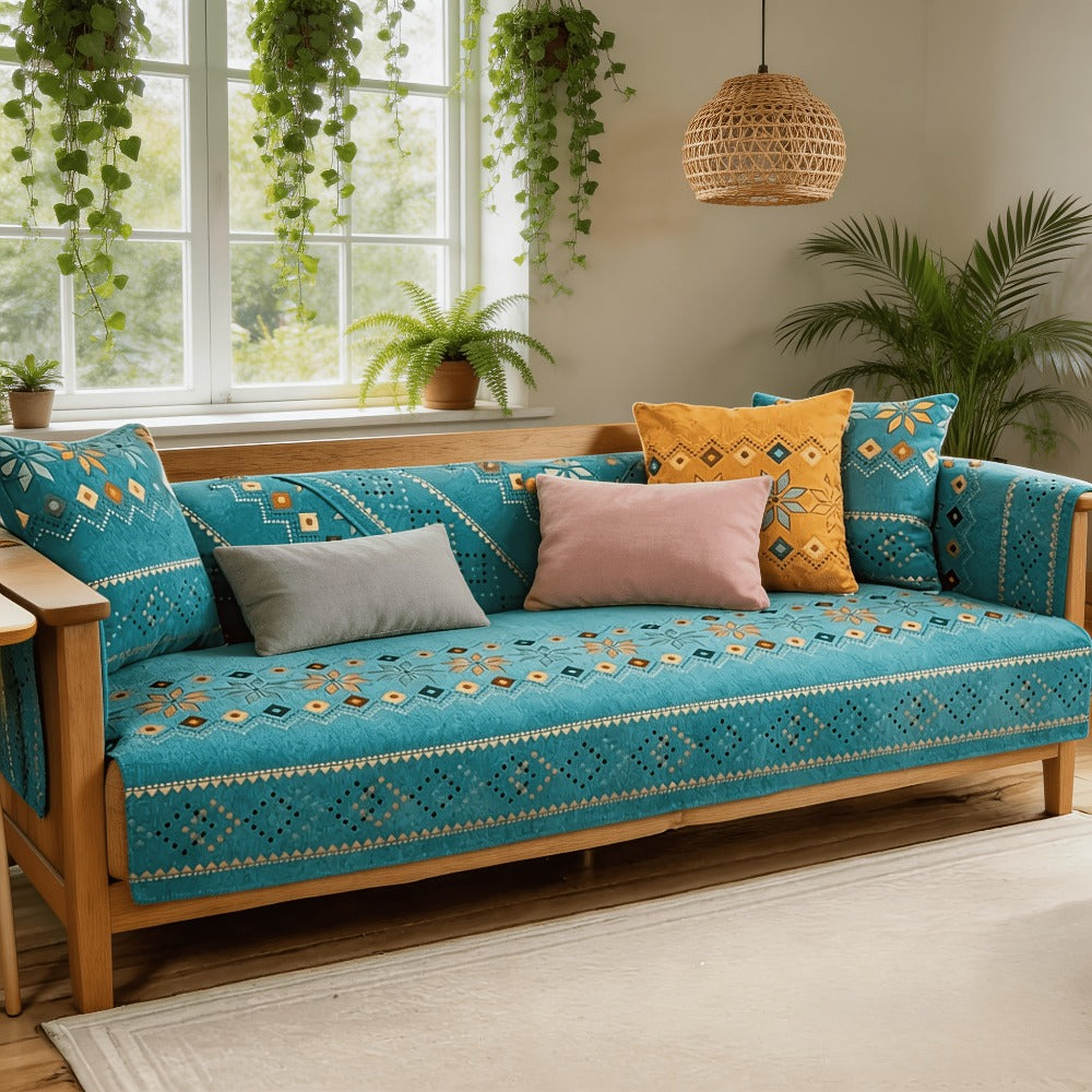 Chenille Sofa Cover Bohemian Style 1pc - Ethnic Pattern Anti-Slip Cat Scratch Resistant Skin-Friendly Couch Slipcover | 2 3 4 Seat Sizes White Green | Living Room Bedroom Office Sofa Cushion Cover Home Decor