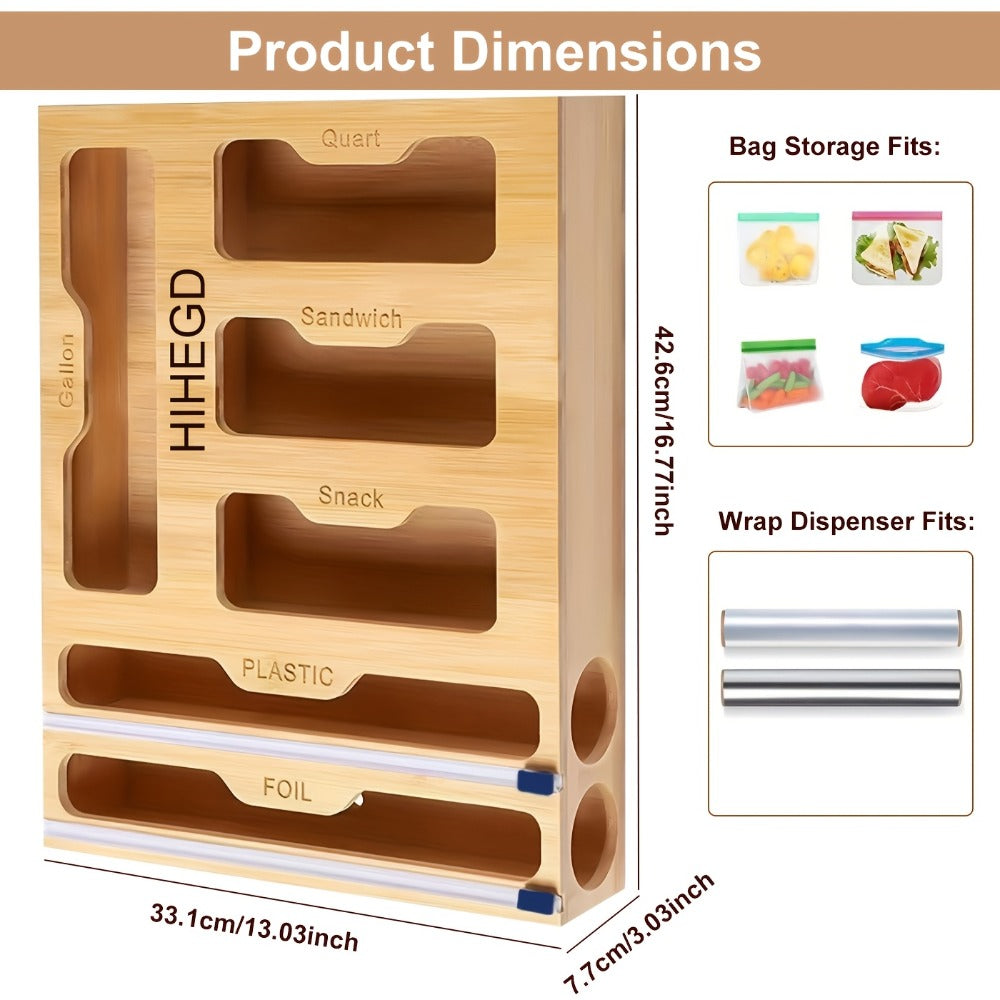 Bamboo Wrap Dispenser 6-in-1 Kitchen Organizer ¨C Built-In Cutter, 6-Grid Storage Box for Plastic Wrap, Aluminum Foil & Bags, Space-Saving Drawer Organizer for Pantry & Kitchen Counter