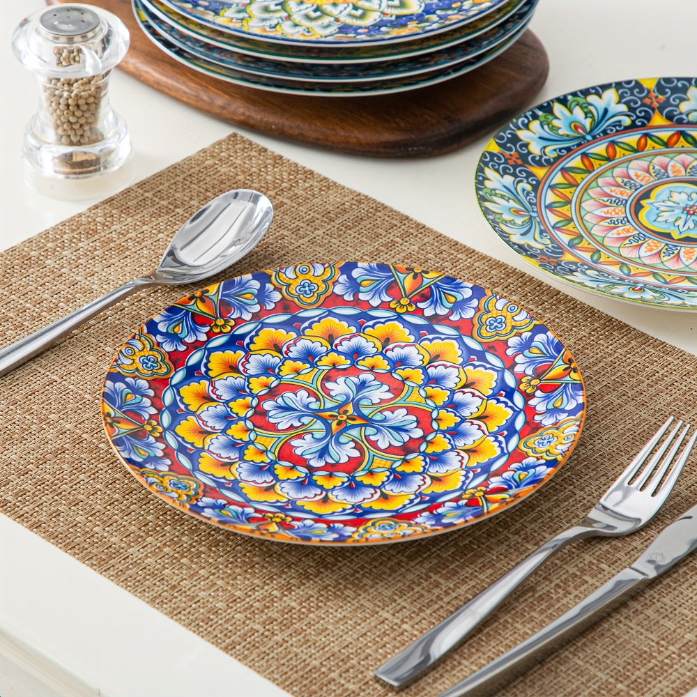 Bohemian Ceramic Dessert Plate Set of 6 - 8.5 Inch Colorful Abstract Pattern Dinnerware, Lead-Free Glazed Porcelain Plates, Dishwasher & Microwave Safe, Boho Home Decor Gift for Kitchen Dining Table