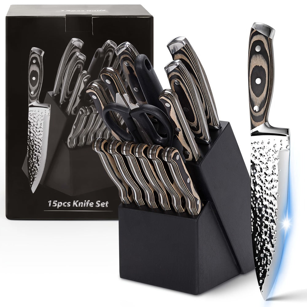 Kitchen Knife Set 15 Piece ¨C Chef Knife Block Set with Self-Sharpening Wooden Block, Steak Knives & Hammered Stainless Steel Blades, Perfect Gift for Home Cooks & Men
