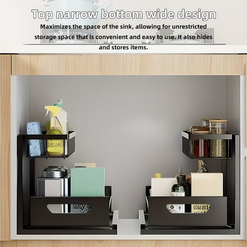 2-Tier Pull-Out Cabinet Organizer Metal Sliding Drawer, Kitchen Sink Storage Container for Bathroom Tabletop Study, Push-Pull Stackable Organizer for Kitchen Bathroom Cabinet