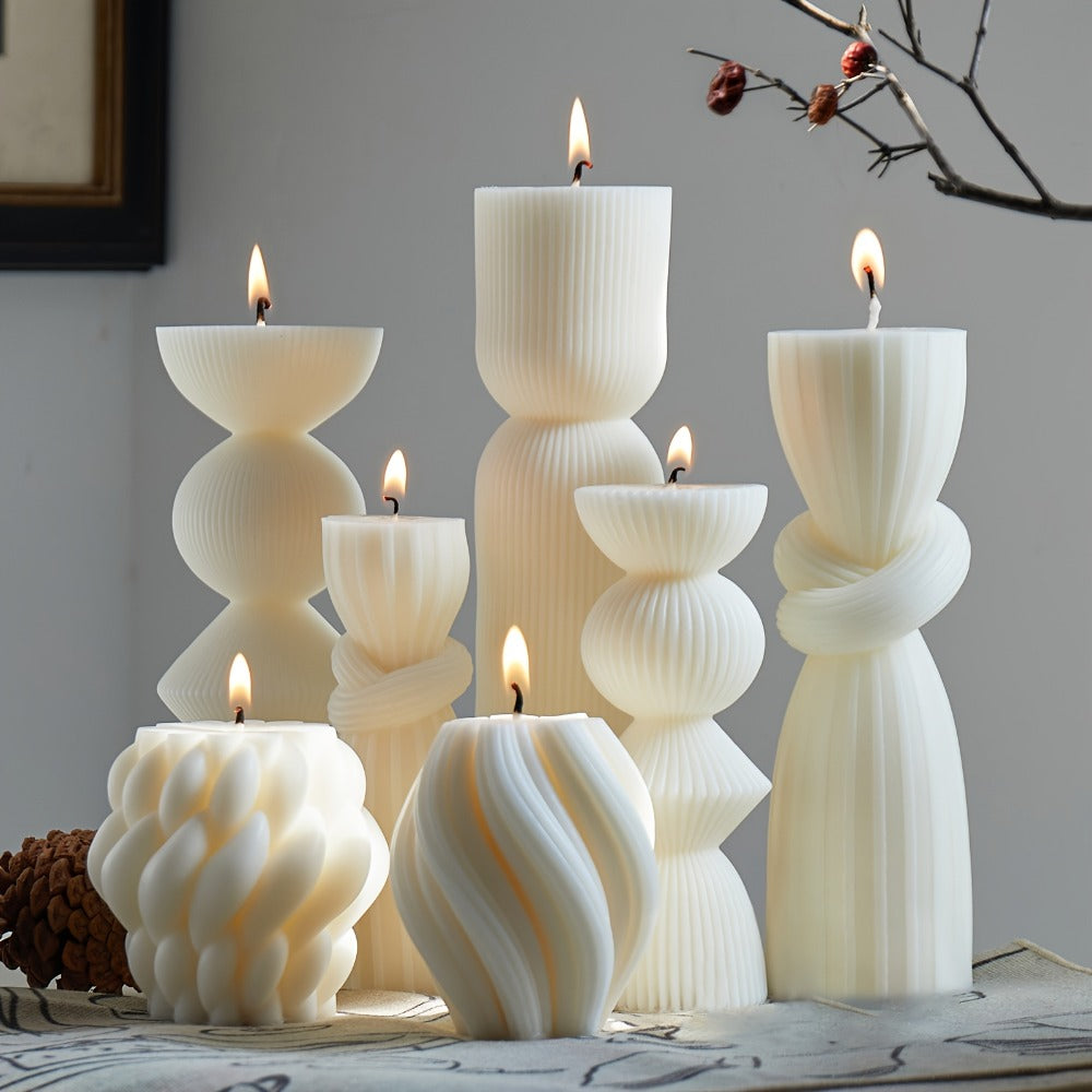 Ribbed Pillar Candles 7-Pack Large Soy Wax, Handmade Aesthetic Pillar Candle Set for Home Decor, Wedding Centerpiece, Shelf Decor, Dining Table & Housewarming Gift ¨C White, Black, Blue, Orange with Glitter