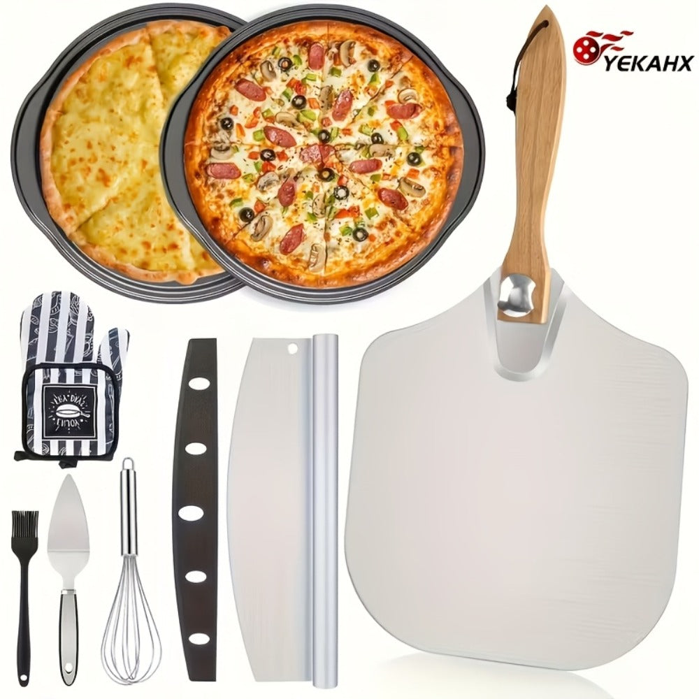 Pizza Making Set with Pizza Peel, Nonstick Pizza Pan, Perforated Pan, Pizza Cutter, Oven Mitts, Pie Server & Basting Brush, Complete Pizza Tools Kit for Oven & Grill, 7-Piece or 8-Piece