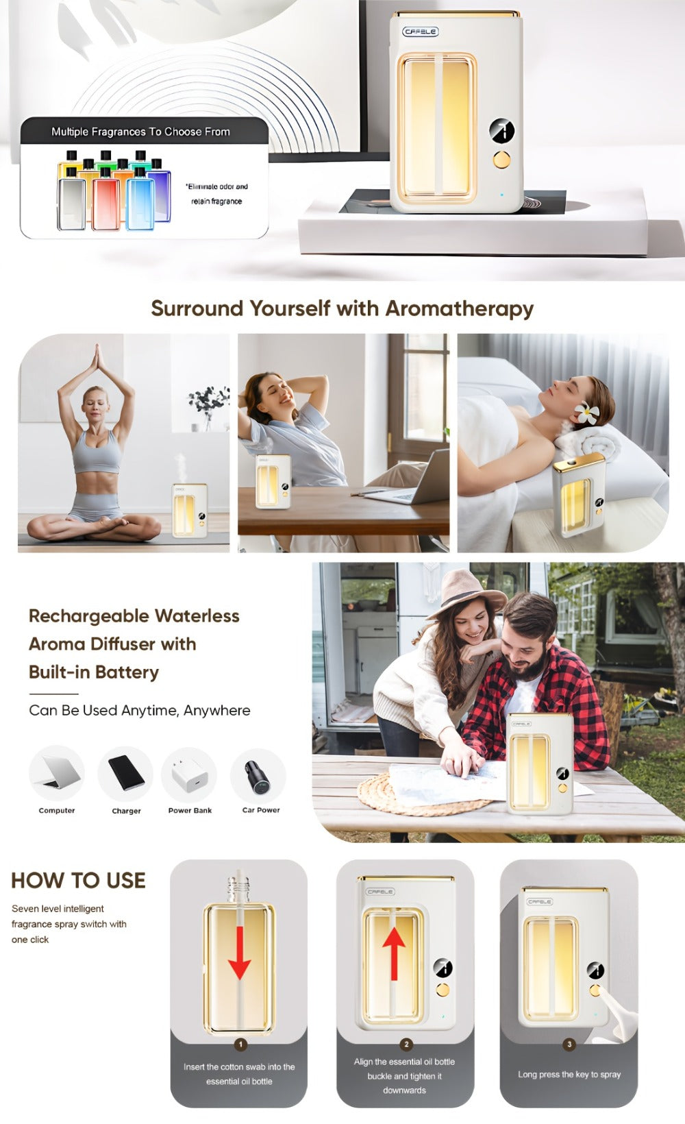 Aroma Diffuser & Humidifier 2-in-1 ¨C USB Powered, 7-Level Mist, Odor Eliminator, Includes Essential Oil (Shangri-La or Encounter), Compact Air Moisturizer & Fragrance Diffuser for Home, Office & Bedroom