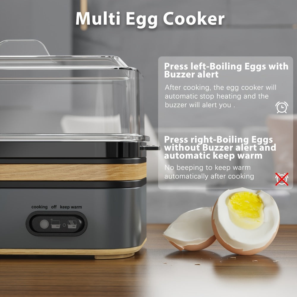 Electric Egg Cooker 6 Egg Capacity Rapid BPA Free Stainless Steel 400W for Hard Boiled Poached Scrambled Eggs Omelets Auto Shut Off Kitchen Appliance Green Wood Silver