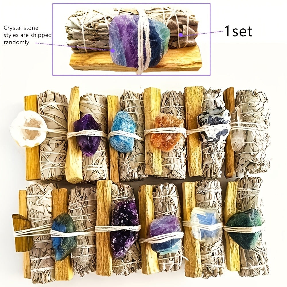 Natural Crystal White Sage Smudge Set for Space Cleansing Home Rituals Meditation Decor Teacher Appreciation Easter Gift Random Crystal