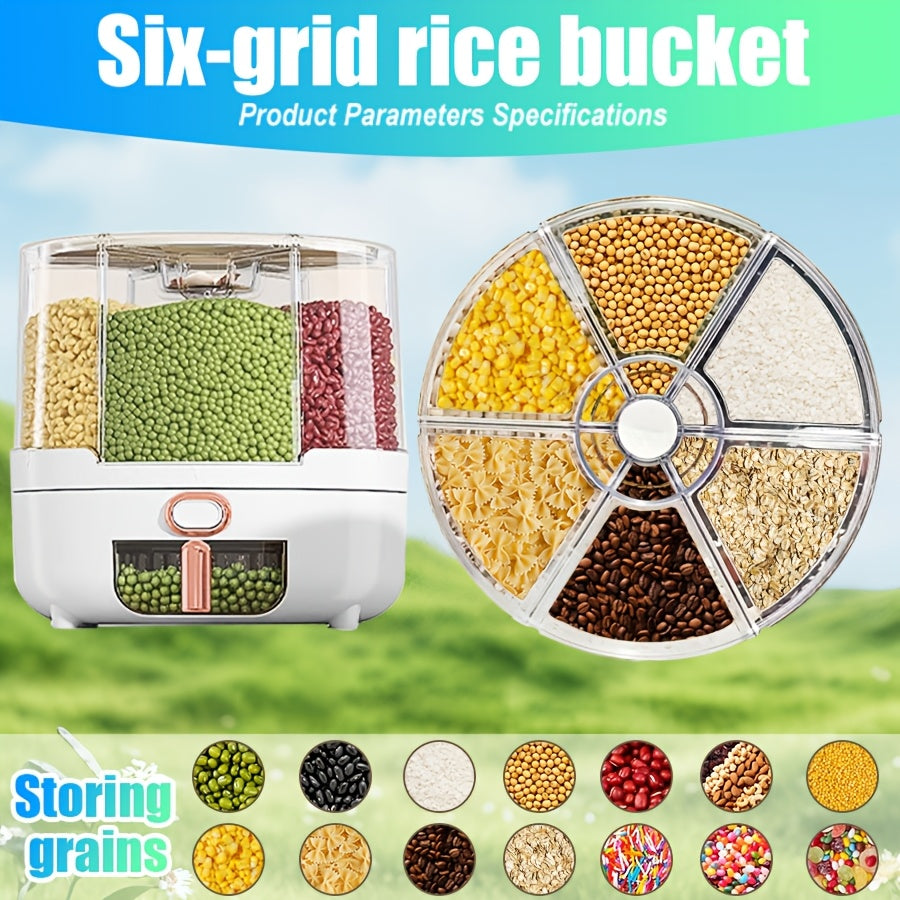 Rice Dispenser 360 Rotating 6 Compartment Grain Storage Container - Airtight Moisture Proof with Transparent Window, Food Grade PP, Large Capacity for Rice Cereal Flour and Pet Food, Medium 13lb or Large 22lb