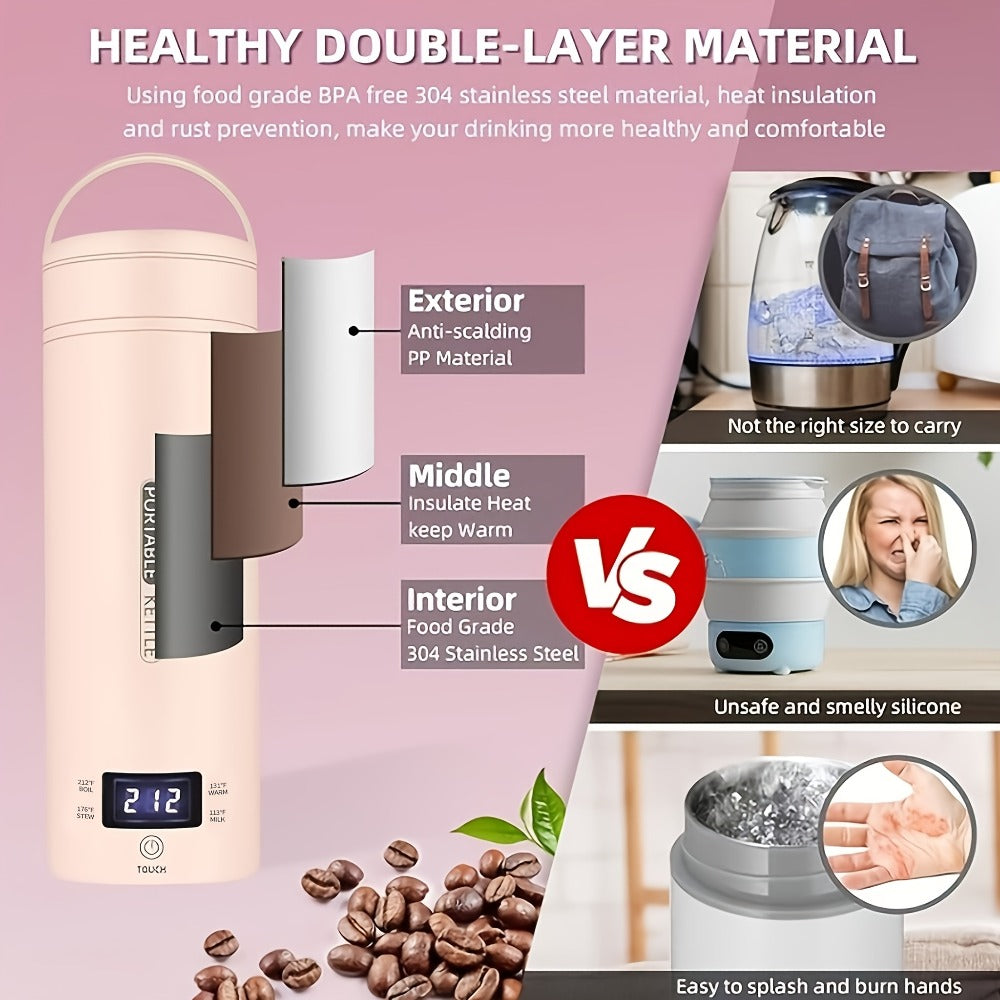 Travel Electric Kettle Mini Portable ¨C Small Water Boiler with 4 Temperature Settings, 304 Stainless Steel, Auto Shut-Off & Boil-Dry Protection, BPA-Free Compact Tea Coffee Kettle with Leather Sleeve ¨C Pink, Black, White