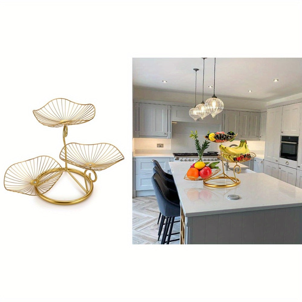 Fruit Basket Stand 3-Tier Decorative Iron Metal Wire Fruit Bowl with Lotus Leaf Design, Countertop Holder for Fruits Vegetables Bread Snacks, Modern Home Kitchen Table Centerpiece Organizer Gold