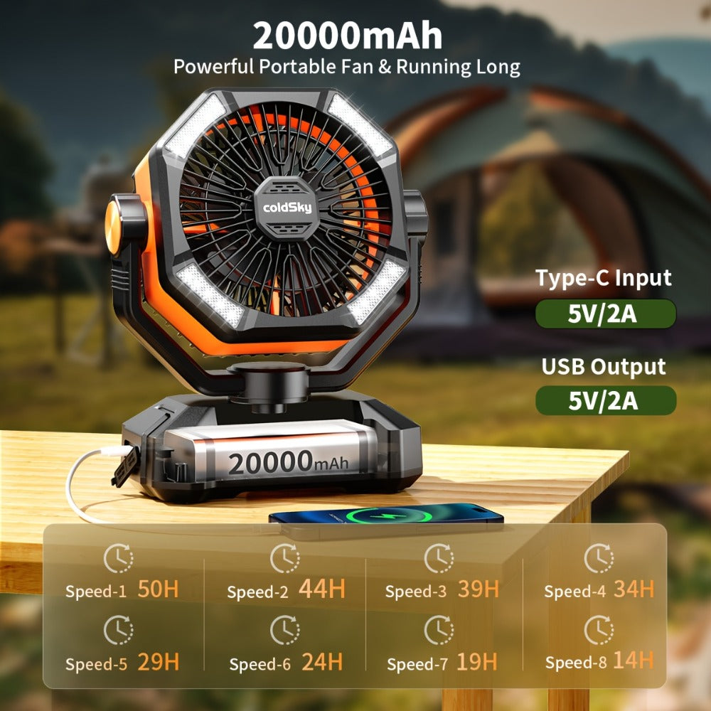 Portable Outdoor Fan 20000mAh USB Rechargeable, Infinite Speed Control Strong Wind Fan with Remote Control, High-Capacity Battery Powered Fan for Camping, Hiking, Job Site and Outdoor Activities