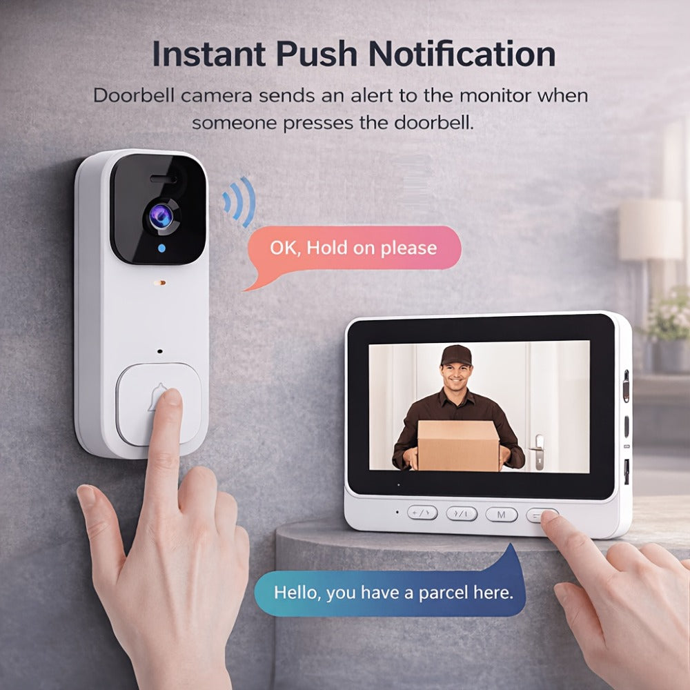 Smart Video Doorbell Wireless Touchscreen Display | Motion Detection 2-Way Audio Local Storage No Subscription | Easy No-Wire Install Home Security Doorbell Camera System