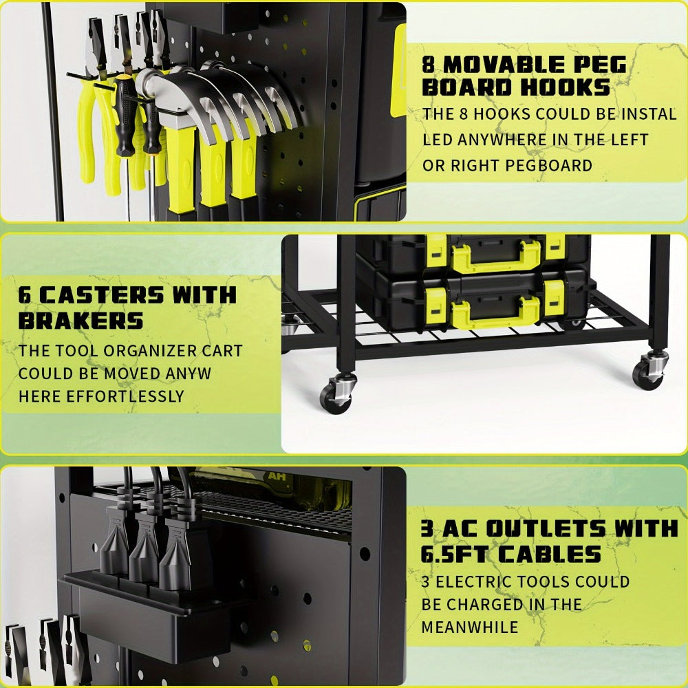 Mobile Tool Cart with Charging Station ¨C 12 Drill Holders & 5 Storage Shelves Power Tool Organizer | Rolling Utility Rack Toolbox with Battery Charging Power Strip for Garage & Workshop | 4 Colors