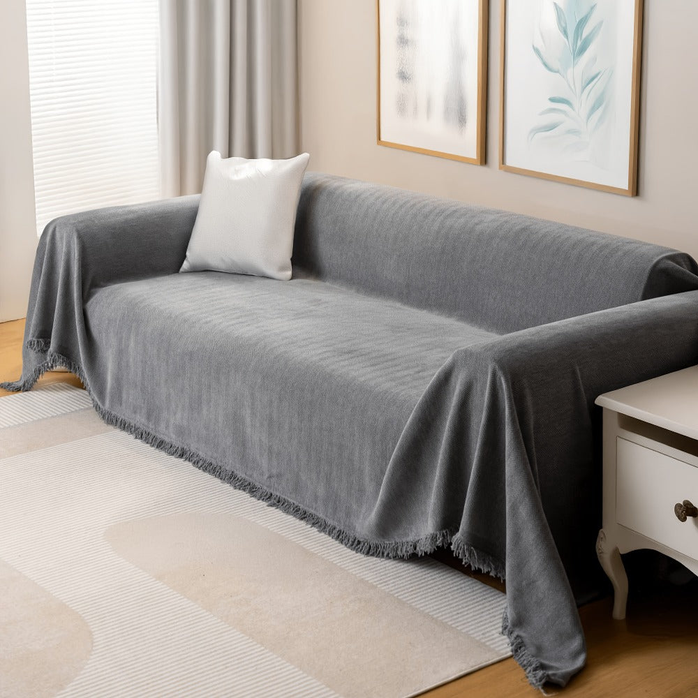 Couch Cover Throw Chenille Fringe Extra Large - Pet Friendly Scratch Proof Non-Slip Washable Polyester Sofa Protector | 3 Seat 71x102in 4 Seat 71x134in | Beige Gray Brown | Living Room Multipurpose