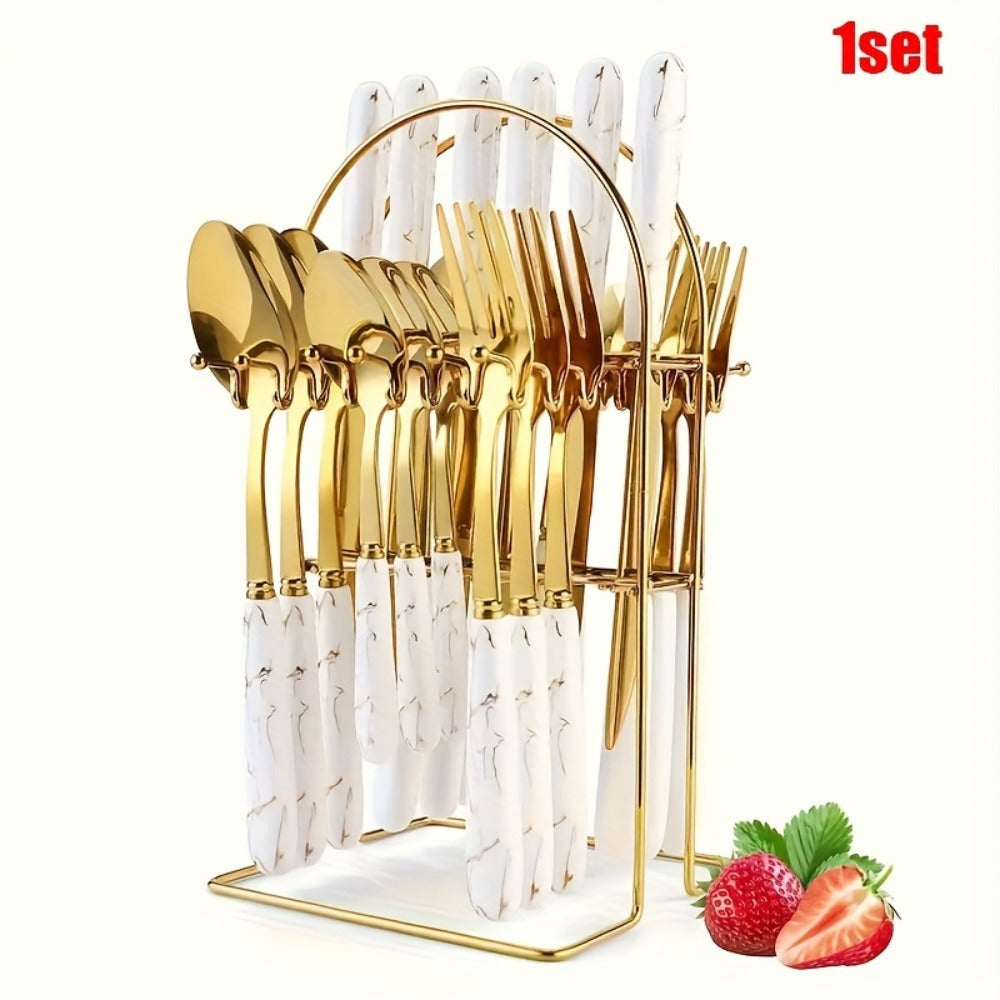 Marble Pattern Cutlery Set 24pcs - Dinner Forks Soup Spoons Teaspoons for Home Hotel Restaurant