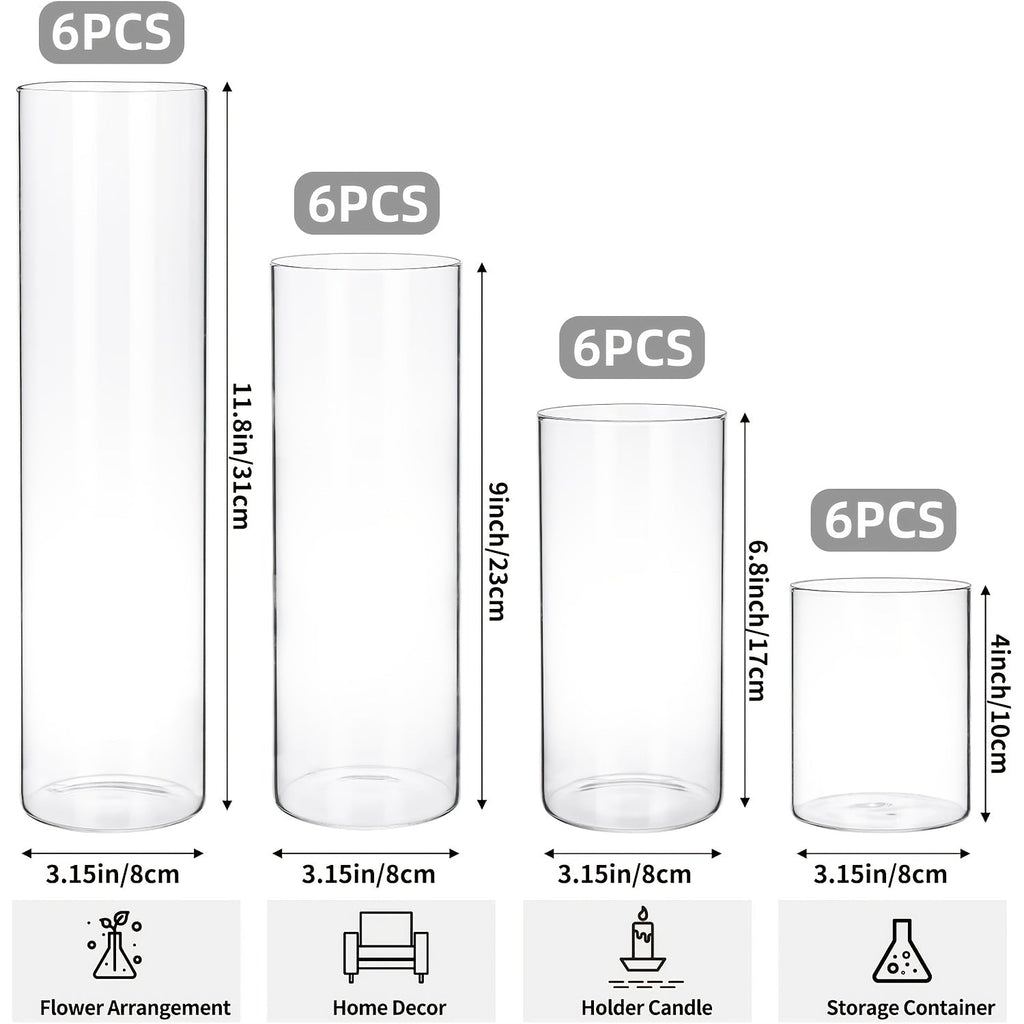 Glass Cylinder Vases Set 12 or 24pcs Clear Tall Flower Vase Candle Holder 4 Sizes for Wedding Centerpieces Home Decor Party Table Decoration DIY Candle Making