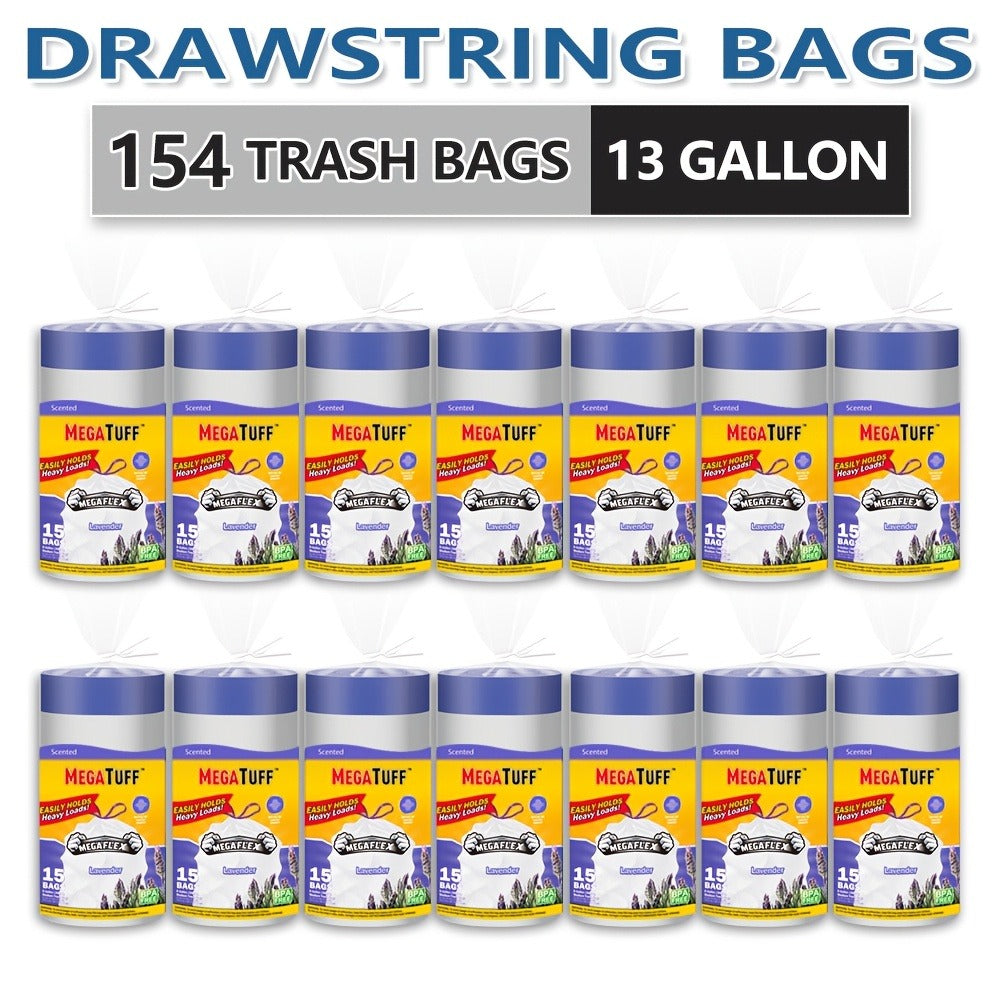 Drawstring Trash Bags with Odor Eliminator Technology ¨C Lemon Mint Scent, Puncture & Tear Resistant, 30 Gal (90 Bags) or 13 Gal (154 Bags) Kitchen Garbage Bags