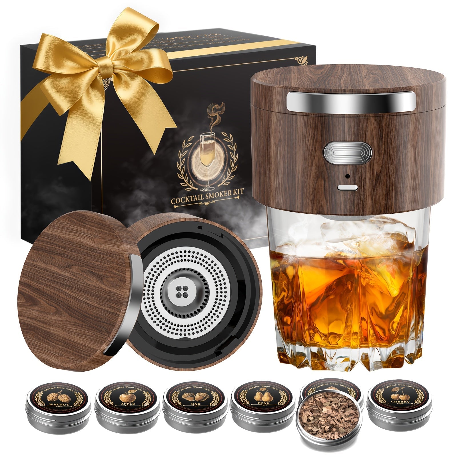 Electric Cocktail Smoker Kit with 6 Wood Chips ¨C Flame-Free USB Rechargeable Whiskey Smoker for Tumblers & Wine Glasses, Gift for Men Dad Husband