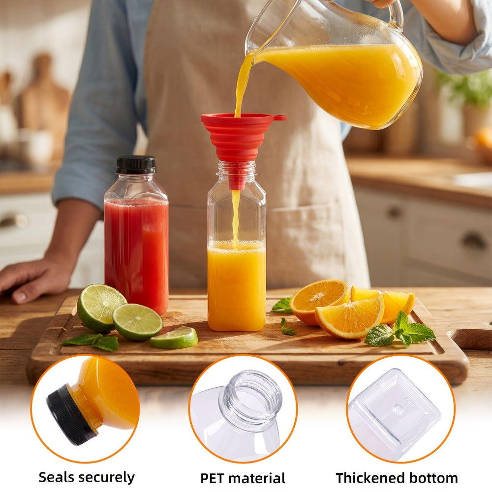 16oz Plastic Juice Bottles with Caps Reusable Clear Beverage Containers Bulk Set with Lids Funnel & Brush for Juice Smoothies Milk