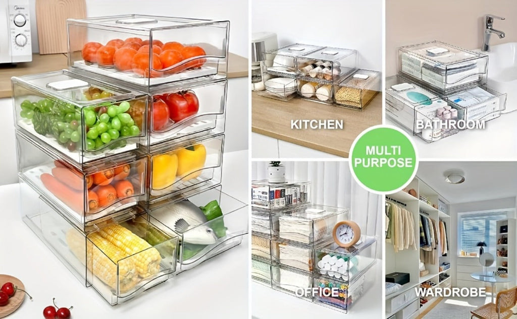 Stackable Fridge Organizer Bins with Drawer, BPA-Free Refrigerator Storage Containers with Drain Board & Ventilation, Clear Food Storage Bins for Kitchen Pantry Freezer, Set of 2