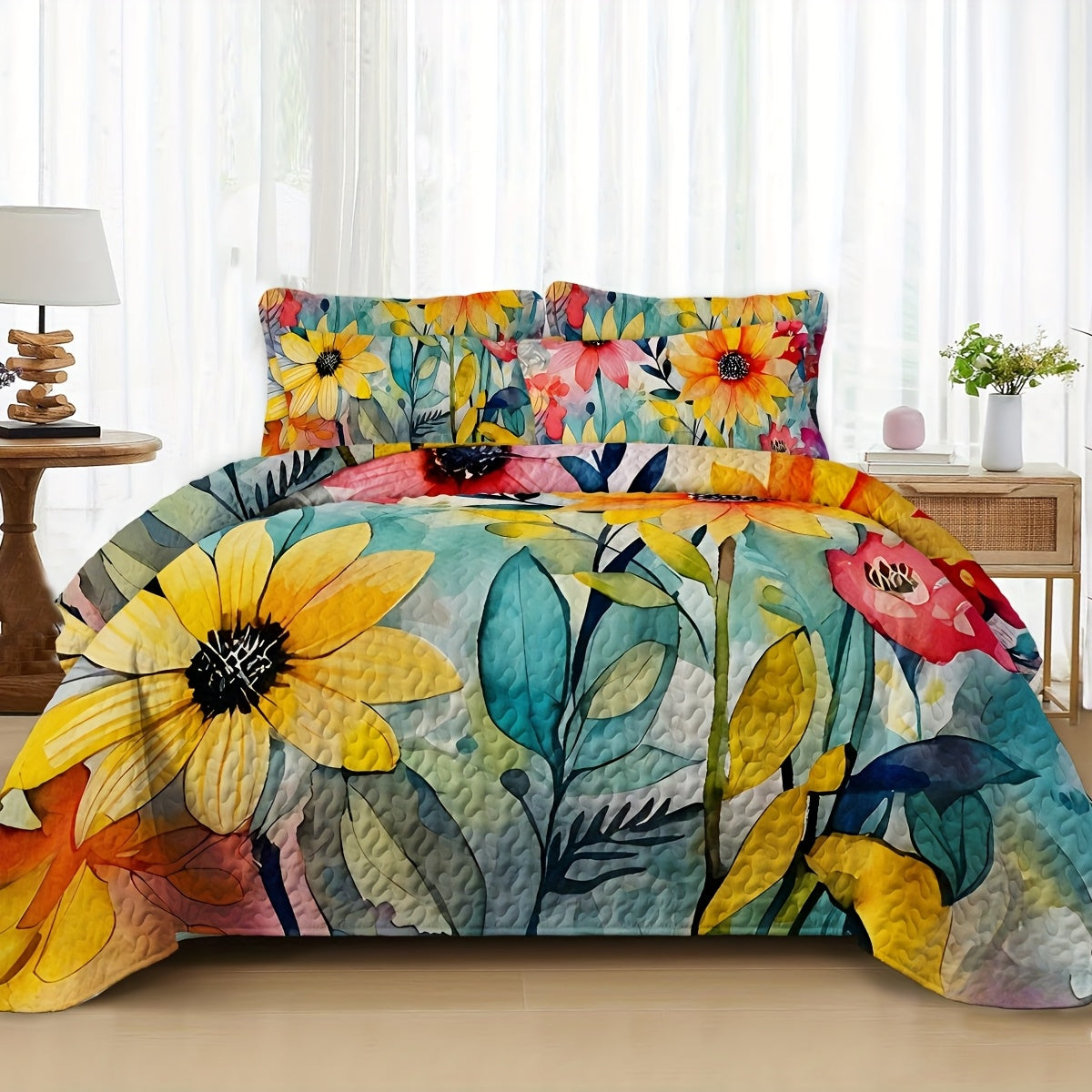 Boho Quilt Comforter Set Twin Full Queen King - Floral Bedding Lightweight Soft Microfiber Reversible Bedspread for Women Girls 2/3 Pcs All Season