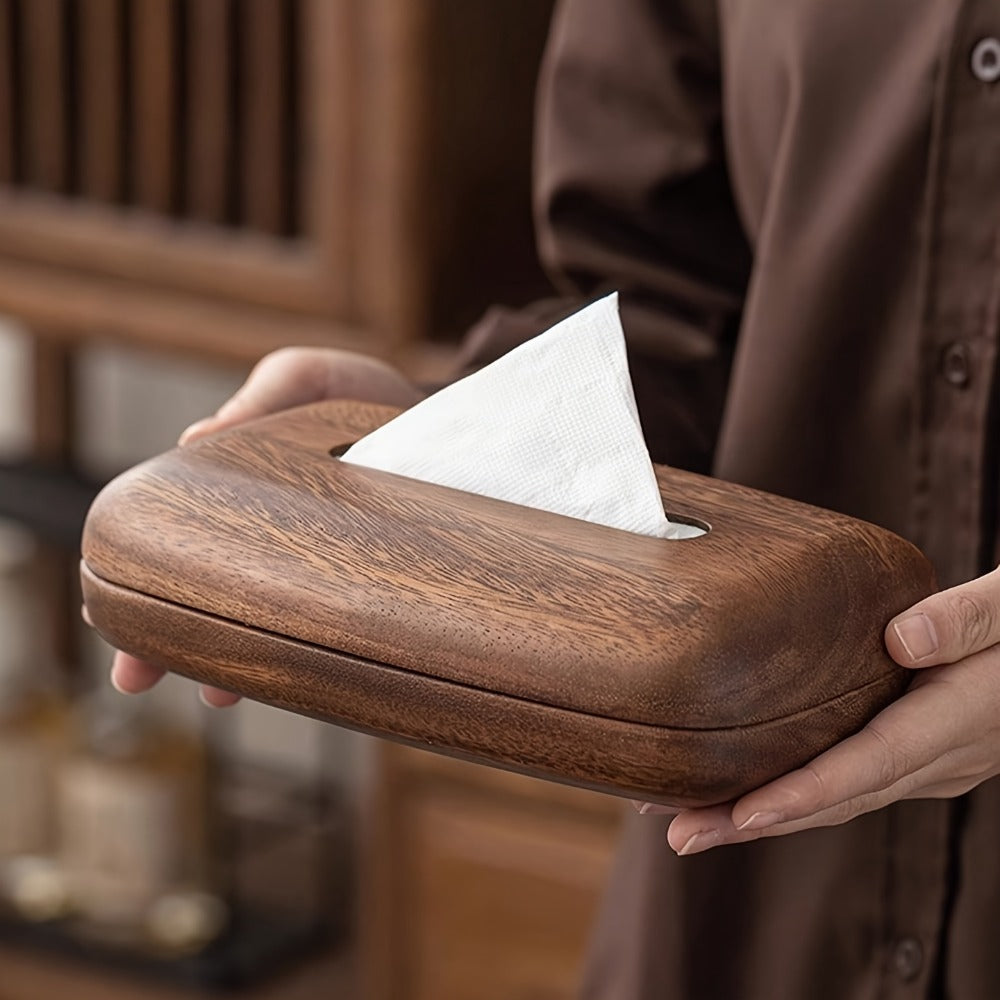 Walnut Tissue Box Cover Holder - Modern Minimalist Rectangular Decorative Napkin Dispenser with Premium Walnut Veneer Top, Polished Finish for Desk, Bathroom, Office, Nightstand