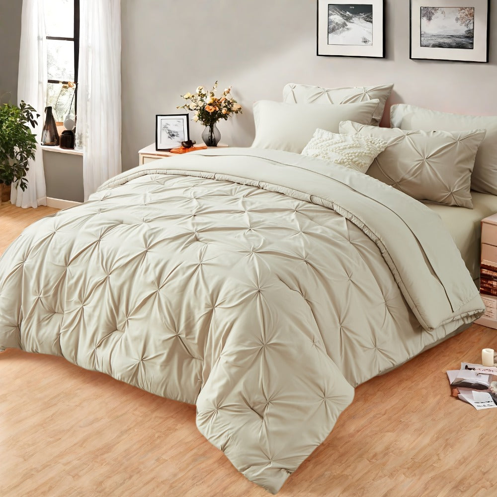 Comforter Set Luxurious Pleated 5/7pcs Bed in a Bag | Soft Plush Fiber Fill, Year-Round Warmth - Quilted Comforter, Flat & Fitted Sheet, Pillowcases & Shams, Complete Bedding Set Twin Full Queen King