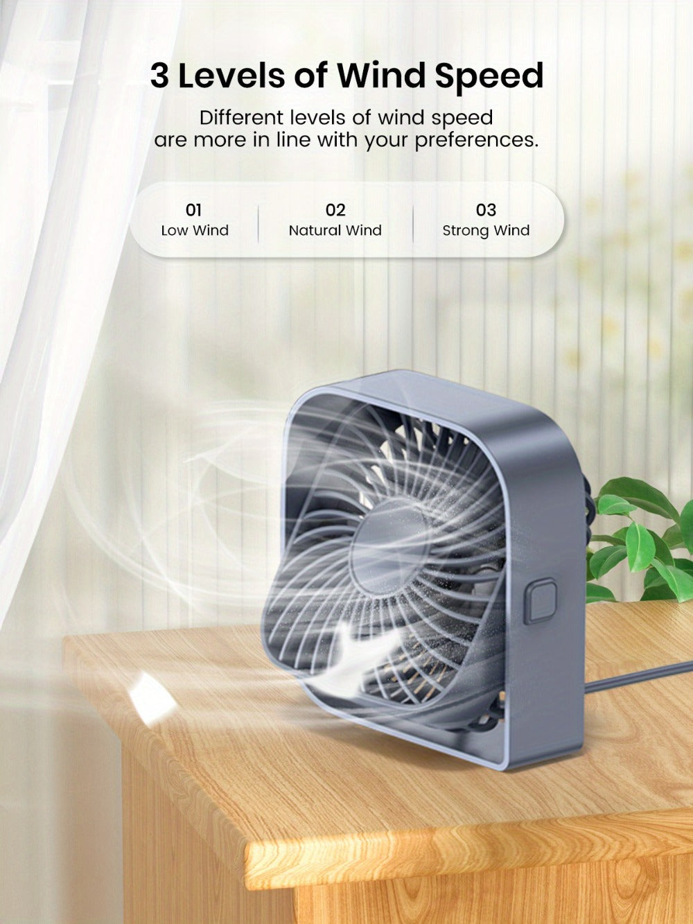 USB Desk Fan Portable, Small Personal Fan 3 Speed Settings 360¡ã Rotation Silent Operation, Compact Lightweight USB Powered Cooling Fan for Home Office Dorm Bedroom Travel, Grey Blue Pink White