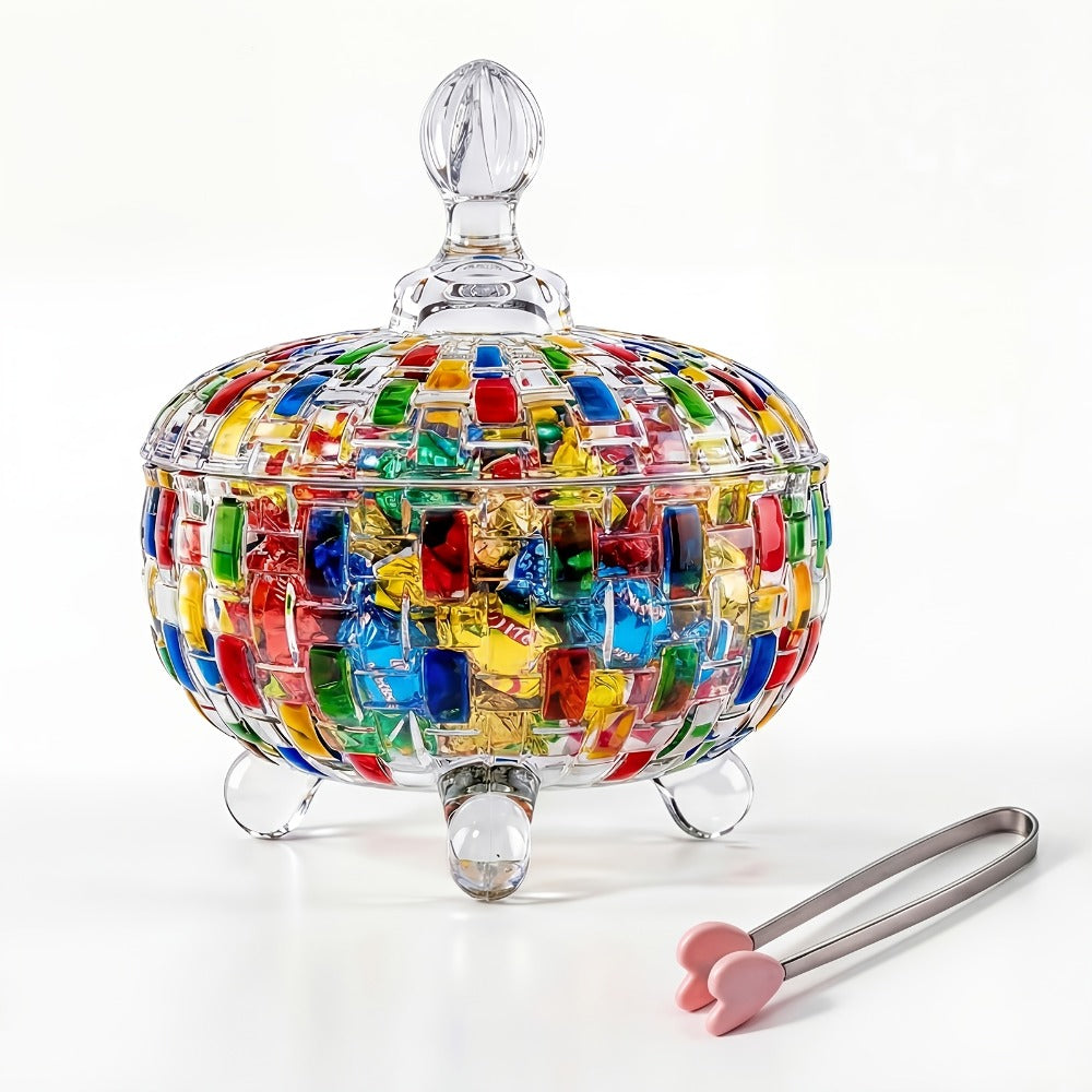 Crystal Glass Candy Dish with Lid & Tongs ¨C Hand-Painted Colorful Candy Box, Jewelry Storage Jar, Christmas Gift for Family & Friends | Elegant Candy Server